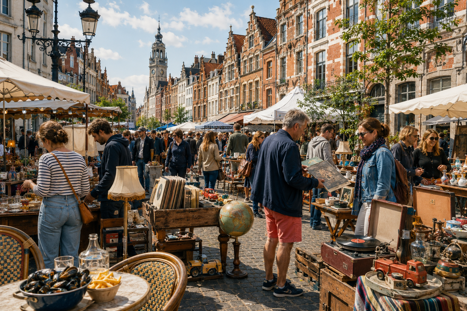 Illustration originale d’une rue de Lille animée par des stands de brocante