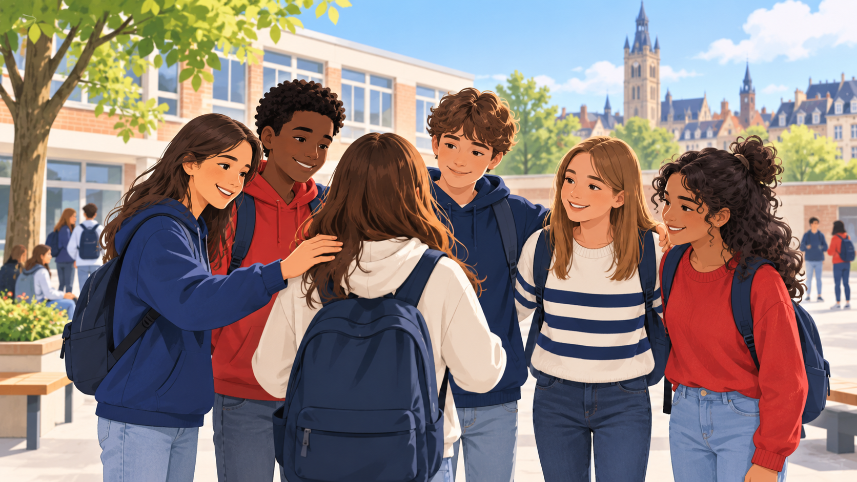 Illustration de jeunes se soutenant face au harcèlement scolaire