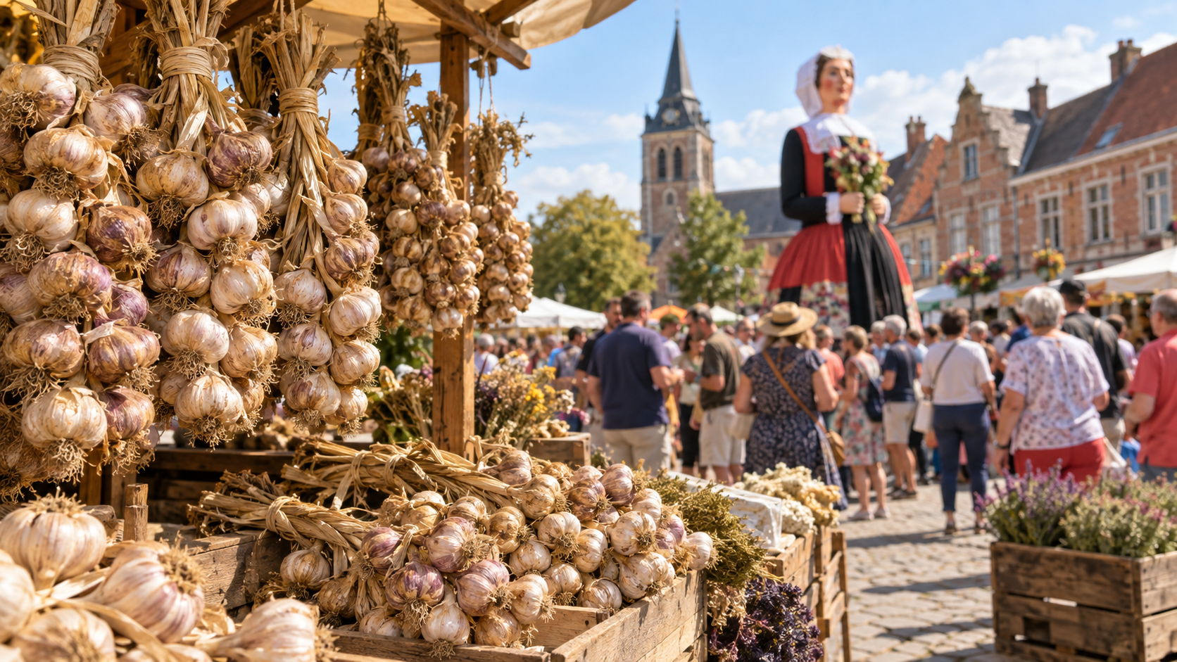Illustration originale de tresses d’ail sur un marché festif du Nord