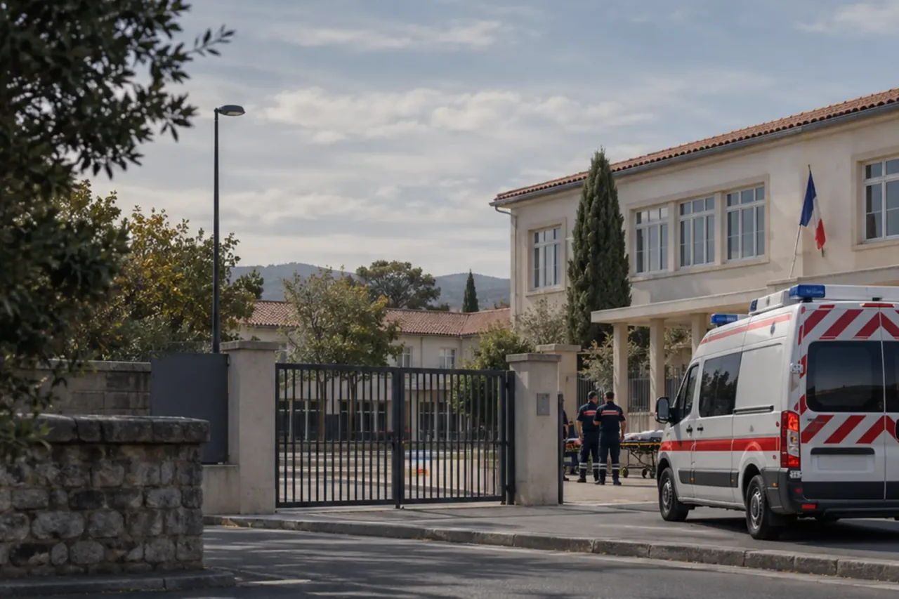 Illustration sobre d’une école primaire et de secours stationnés devant l’établissement