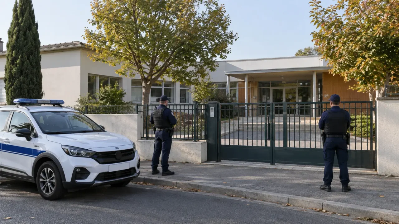 Illustration d’une école primaire avec une présence policière calme