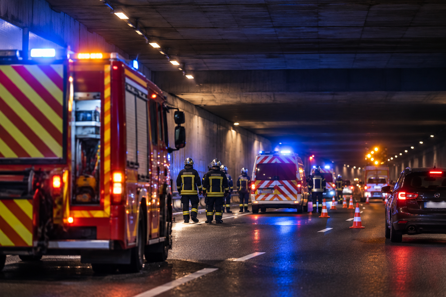 Intervention des secours dans un tunnel autoroutier